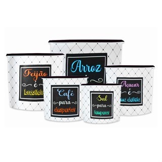 Kit 5 Potes de Mantimentos Plástico Decorado Preto Frases varias cores em Oferta na Shopee