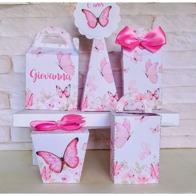 Kit festa Borboletas Rosa, lembrancinhas de festa, caixinhas personalizadas, papelaria, caixinhas