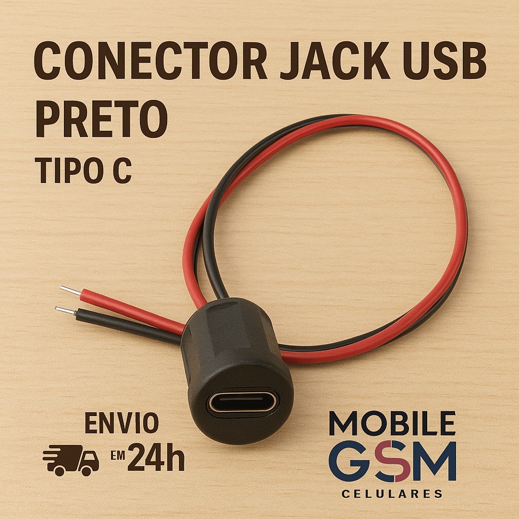 Conector Jack Usb PRETO Tipo C 5V Fêmea Alimentação Carregamento Rabicho 2 Fios Soldar REDONDO