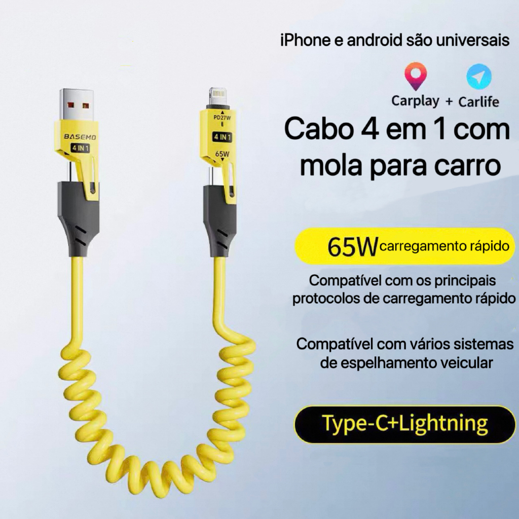 Cabo carregamento turbo 4 em 1 com mola, USB,65W, ideal para carregar celulares com super velocidade