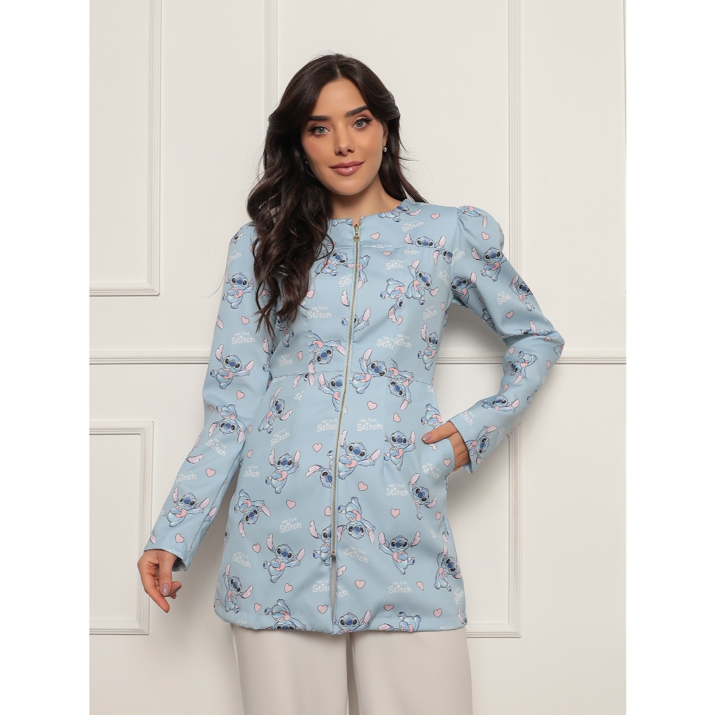 Jaleco Feminino Acinturado Estampado com Zíper Médica Odonto Pediatra