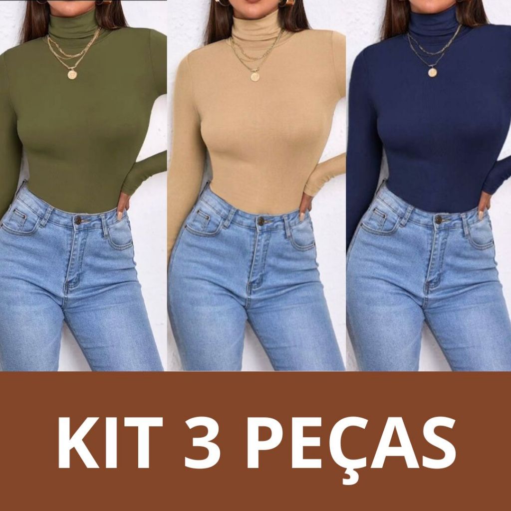 Kit 03 Blusa Feminina Malha Viscolycra Cacharrel Gola Alta Macia Estilosa Elegante Segunda Pele Térmica
