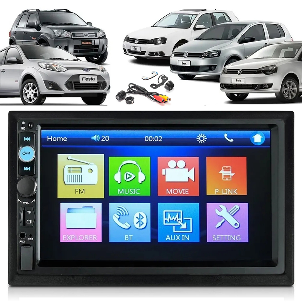 Central Multimídia Mp5 2din Bluetooth RCA FM Ford Fiesta Ecosport Golf Fox + Moldura + Câmera de Ré