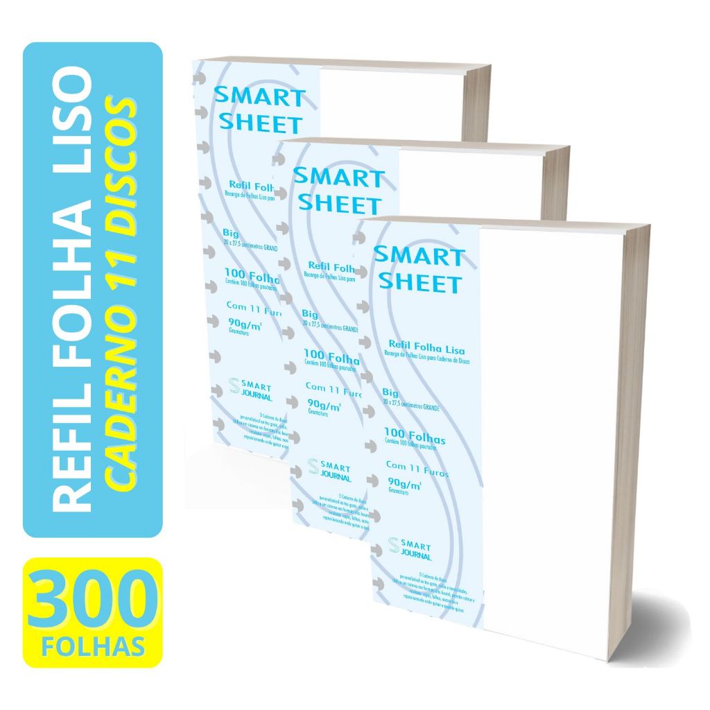 Kit 3 Refil Caderno de Discos 90g 300 Folhas Liso Grande 11 Furos Smart Sheet em Oferta na Shopee