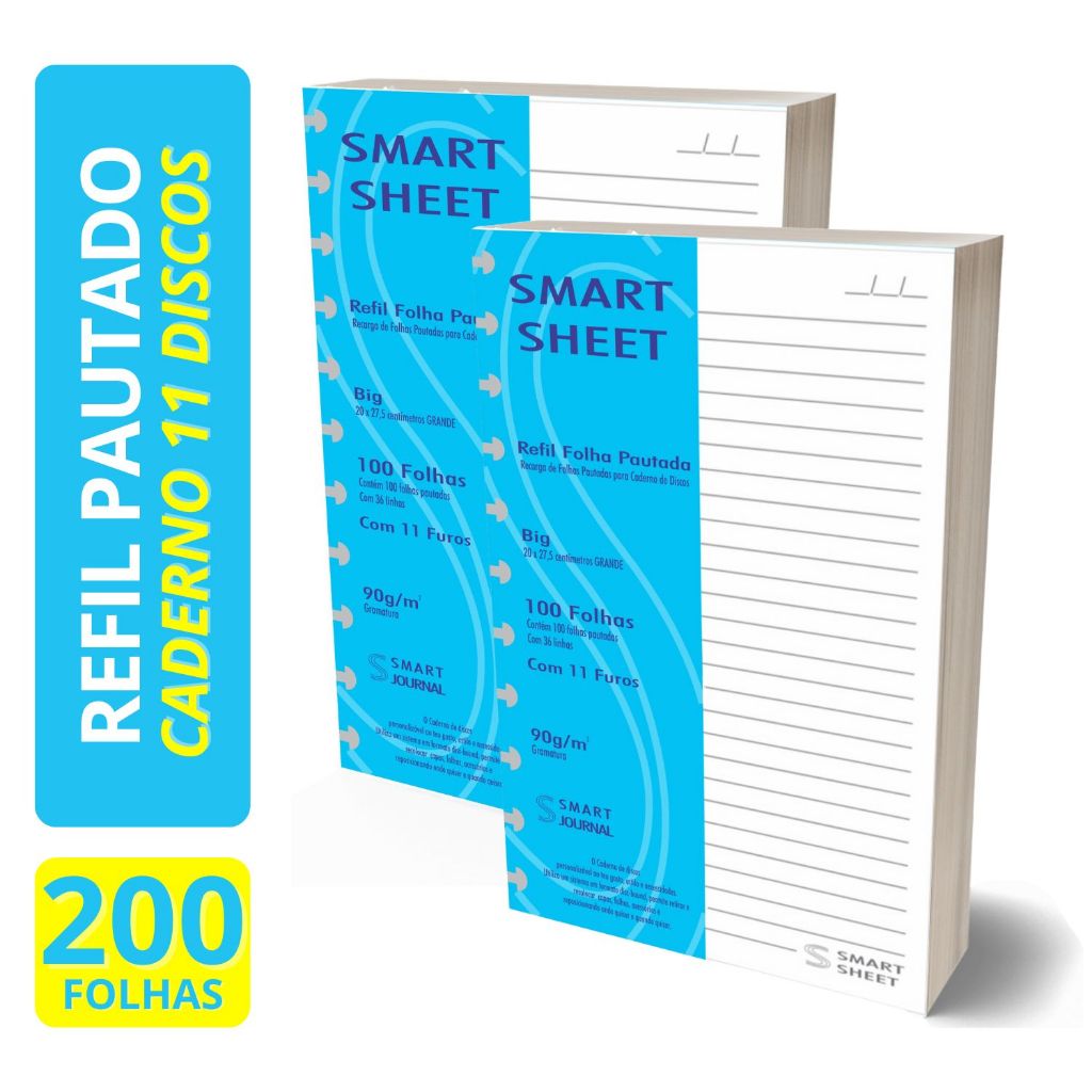 Kit 2 Refil Caderno de Discos 90g 200 Folhas Pautado Grande 11 Furos Smart Sheet em Oferta na Shopee