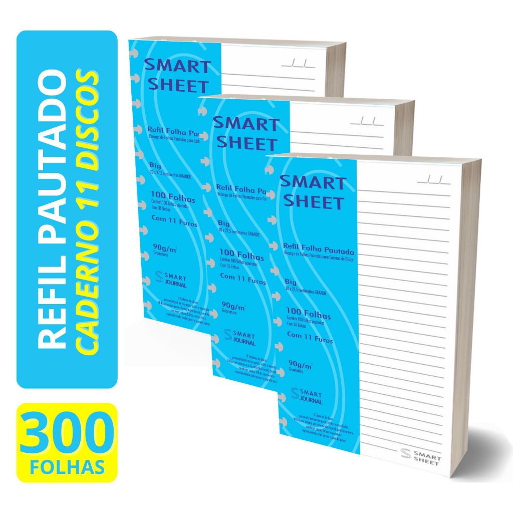 Kit 3 Refil Caderno de Discos 90g 300 Folhas Pautado Grande 11 Furos Smart Sheet em Oferta na Shopee