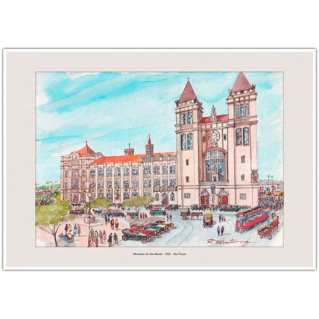 Mosteiro de São Bento 1921 - São Paulo | Arte em Aquarela para Quadro Decorativo | A4
