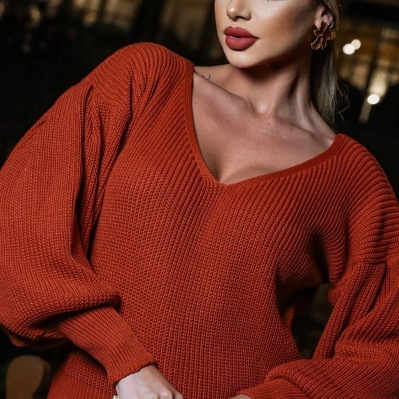 Blusa Decote V manga Bufante Tricô tamanhos M e G Blusa de Frio chic tricot fang tendência...