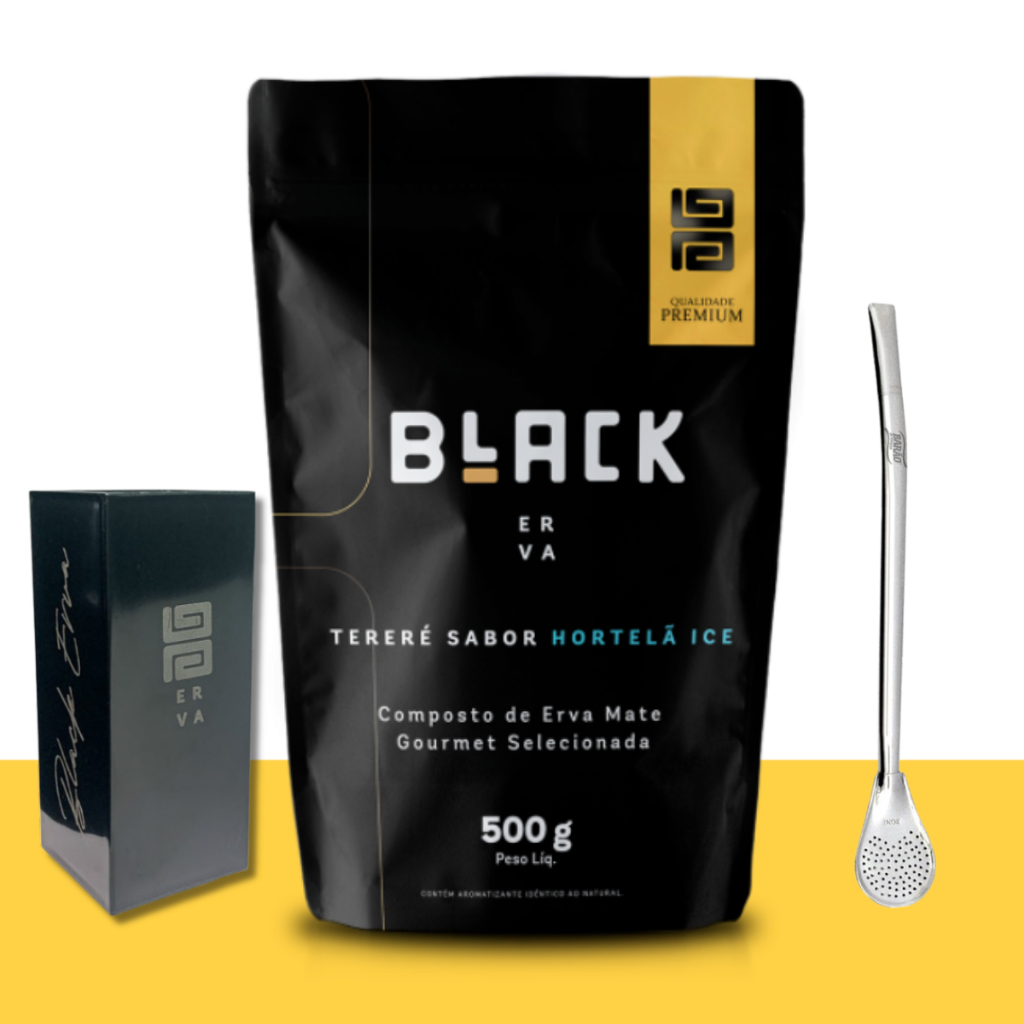 Erva Mate Black Sabor HORTELA ICE Kit Com Bomba Cromada + Copo Quadrado Acrilico BLACK