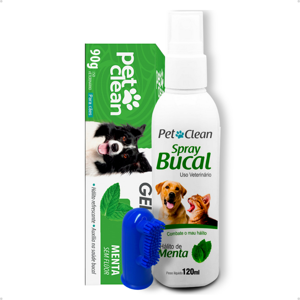 Kit Gel Dental 90g + Spray Bucal 120ml + Escova Dedeira Cachorro e Gato Pet Clean Menta