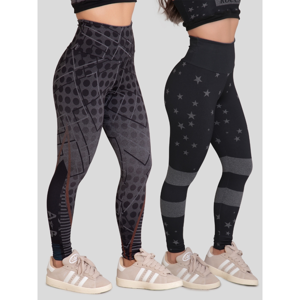 Kit 2 Calças Legging Feminina Fitness Academia Cintura Alta Estampada Mescla