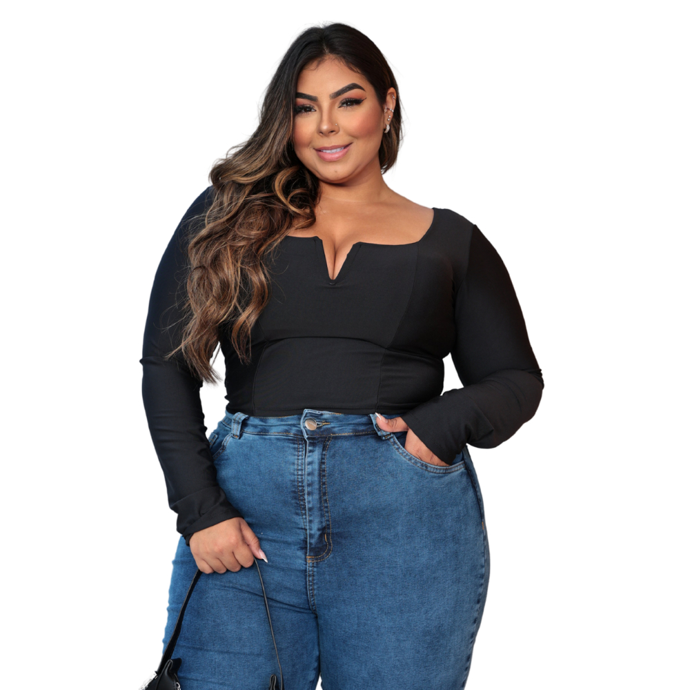 Blusa cropped feminino plus size decote V manga longa suplex em Oferta na Shopee