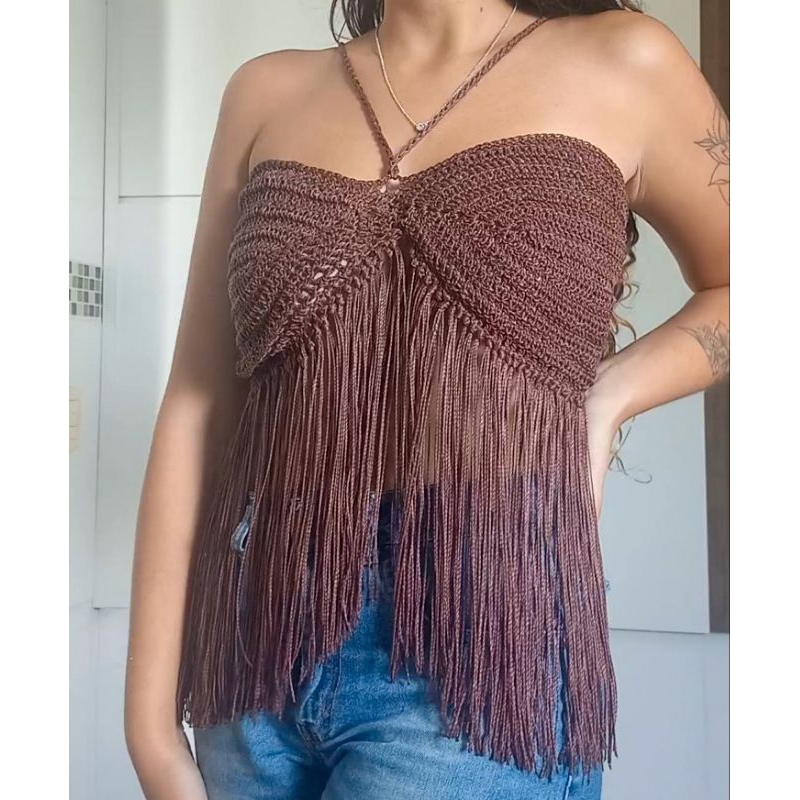 Cropped de Crochê com Franjas – Feito à Mão, Estilo Boho Chic em Oferta na Shopee