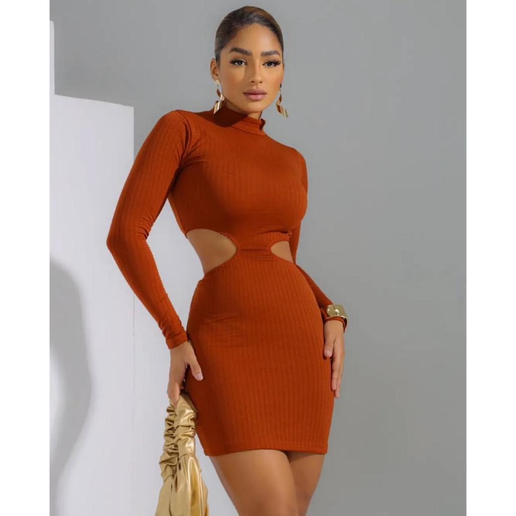 Vestido Feminino Com Recorte na Cintura Canelado Manga Longa -  Gola Alta e Recorte Sexy - Tecido Bubble