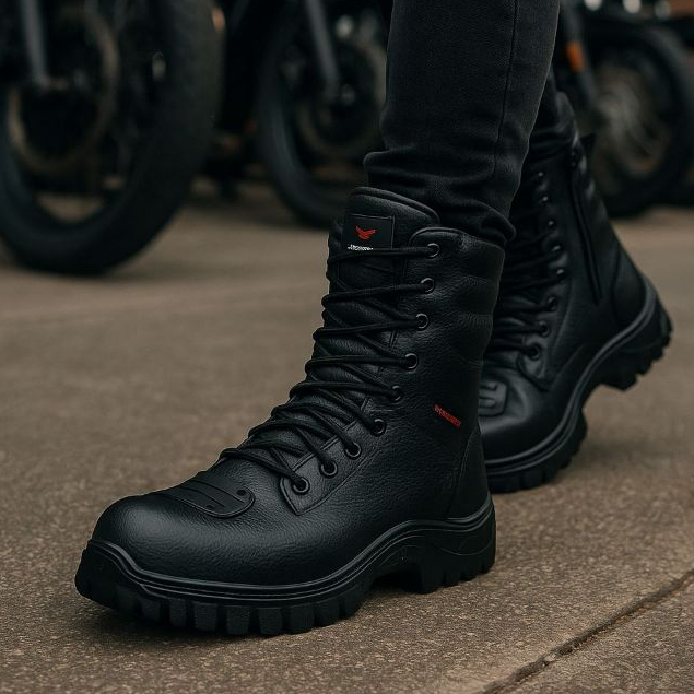 Bota Militar Cano Alto Masculina Motoqueiro Couro Legitimo Tática Masculina Motoclub Militarismo