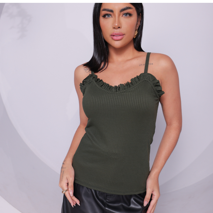 Cailin Store Blusa Feminina Regata Alcinha Babados Canelada Com Bojo Básicas