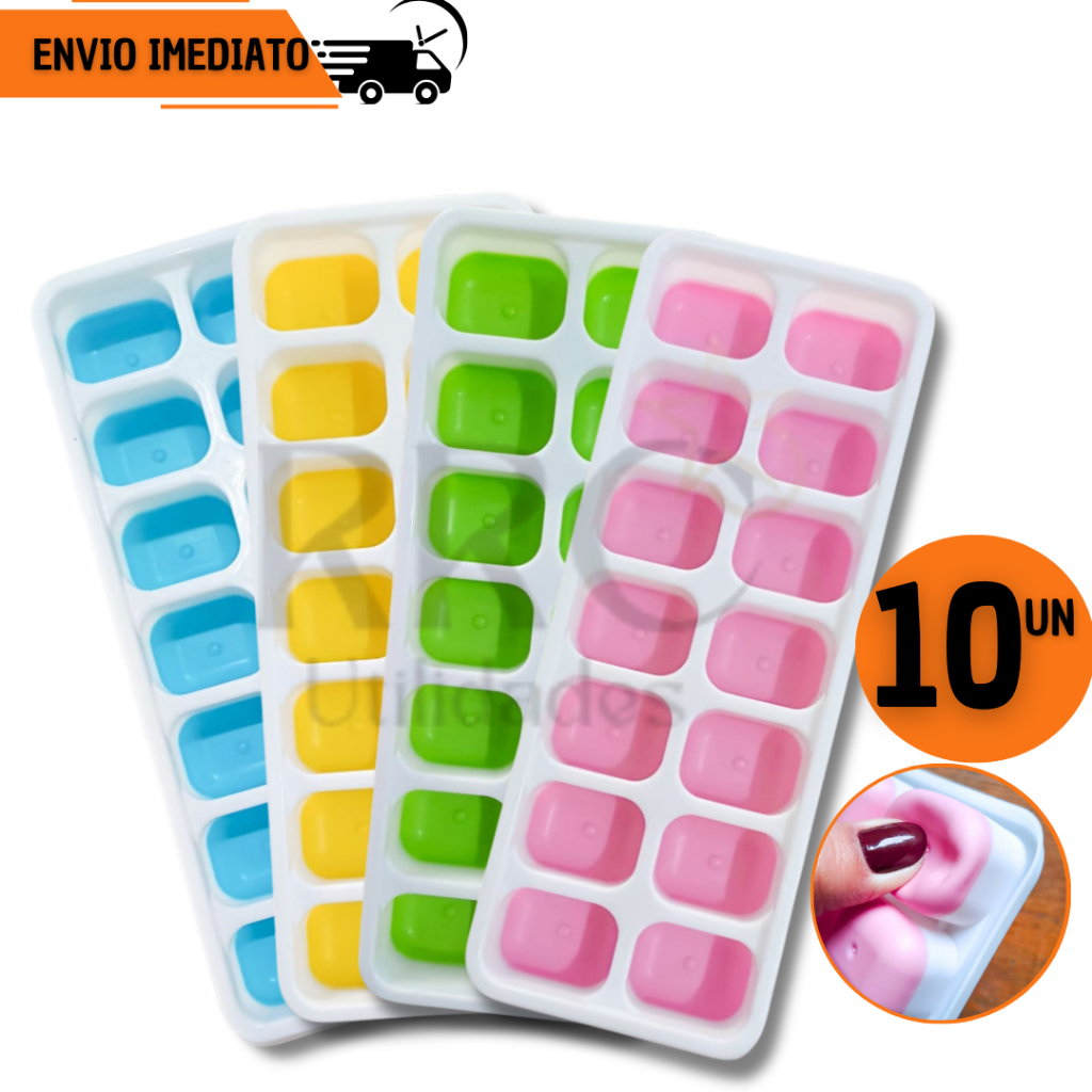 Kit 10/ 6 ou 4 Formas de Gelo Fundo de Silicone Fácil Remoção Cubeteira Molde Bandeja Base Flexível
