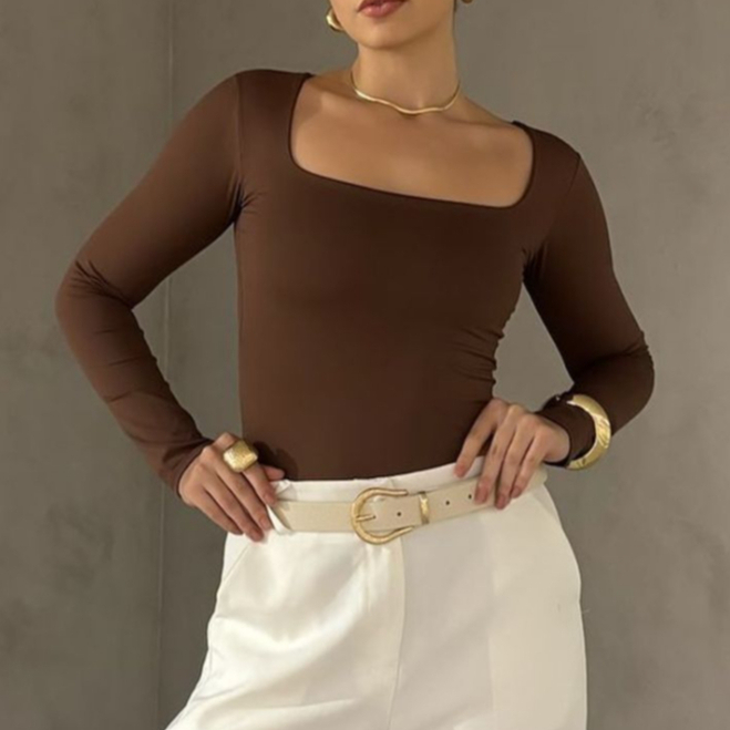 Blusa SUPLEX feminina Manga Longa Decote Gola Quadrada Moda Inverno em Oferta na Shopee