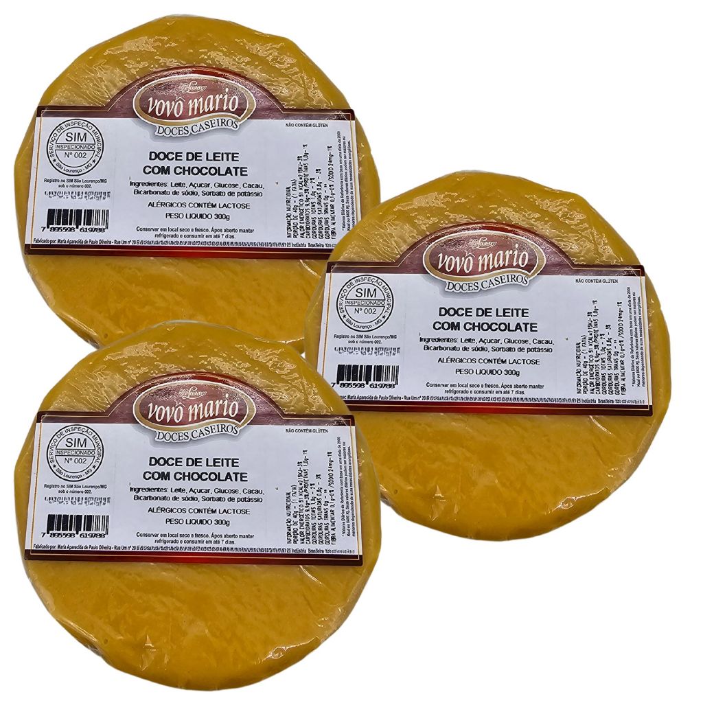 Doce de Leite com Chocolate em Tablete com Açúcar (Tradicional) sem Glúten 300g Doce Vovô Mário 3 un
