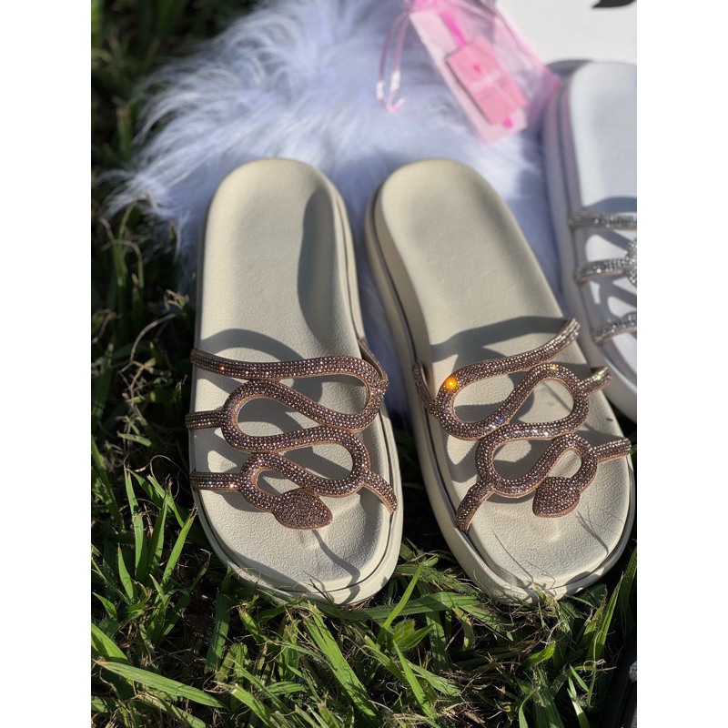 Papete Birken Sandália Feminina Brilho Strass Off White  Tendência  lançamento Modelo Medusa