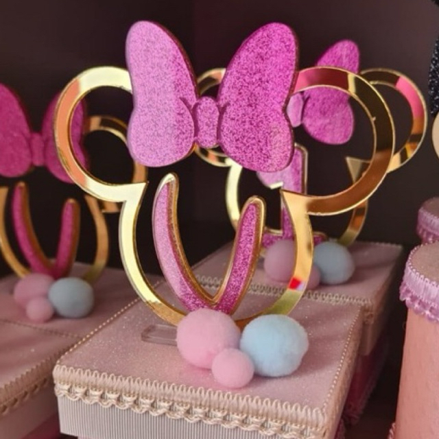 Aplique de Acrílico Cabeça da Minnie , Aplique com inicial Cabeça e Laço da Minnie, Minnie de Luxo, festa da Minnie luxo