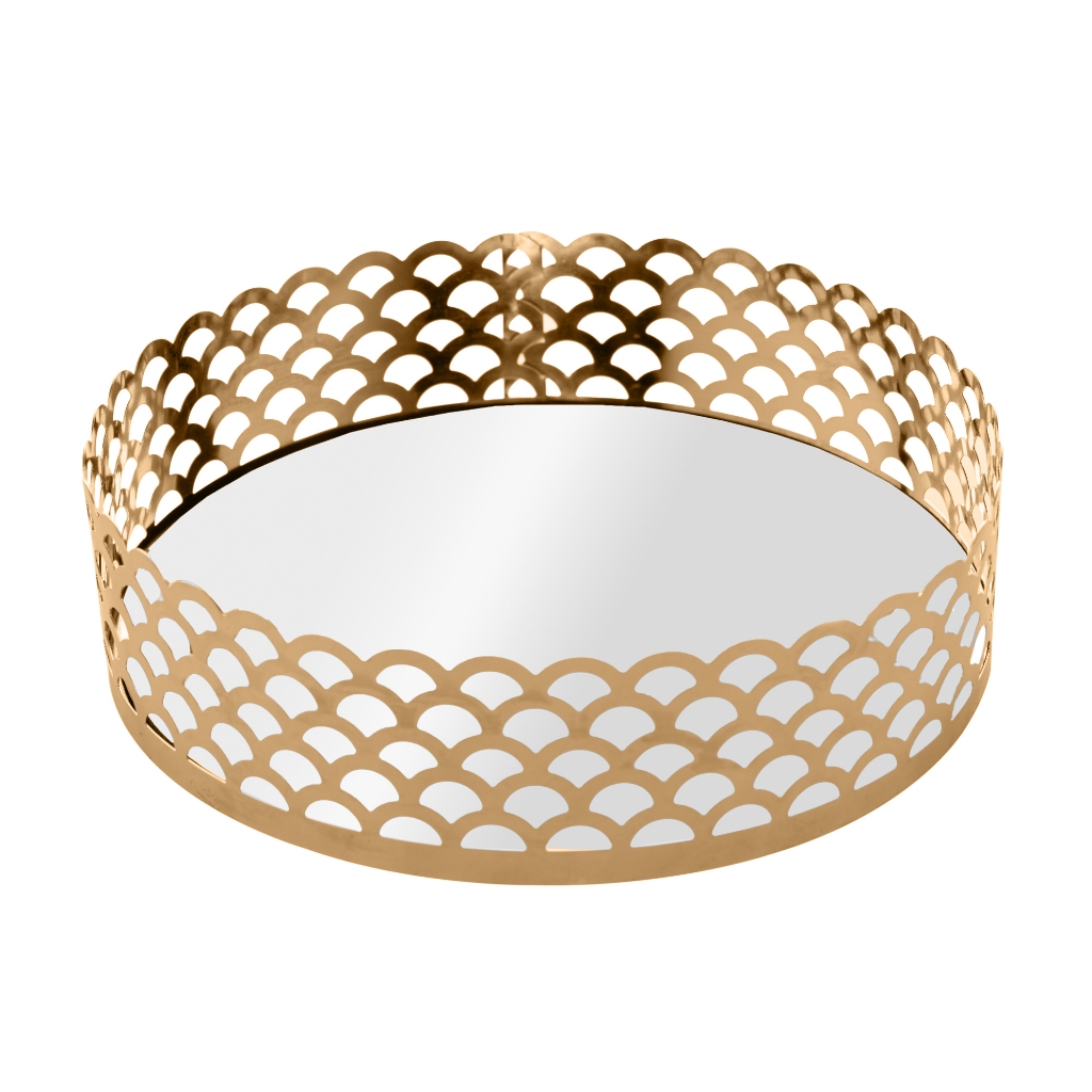 Bandeja de Metal Decoração com Espelho Arles Dourada 18,5 cm - Lyor