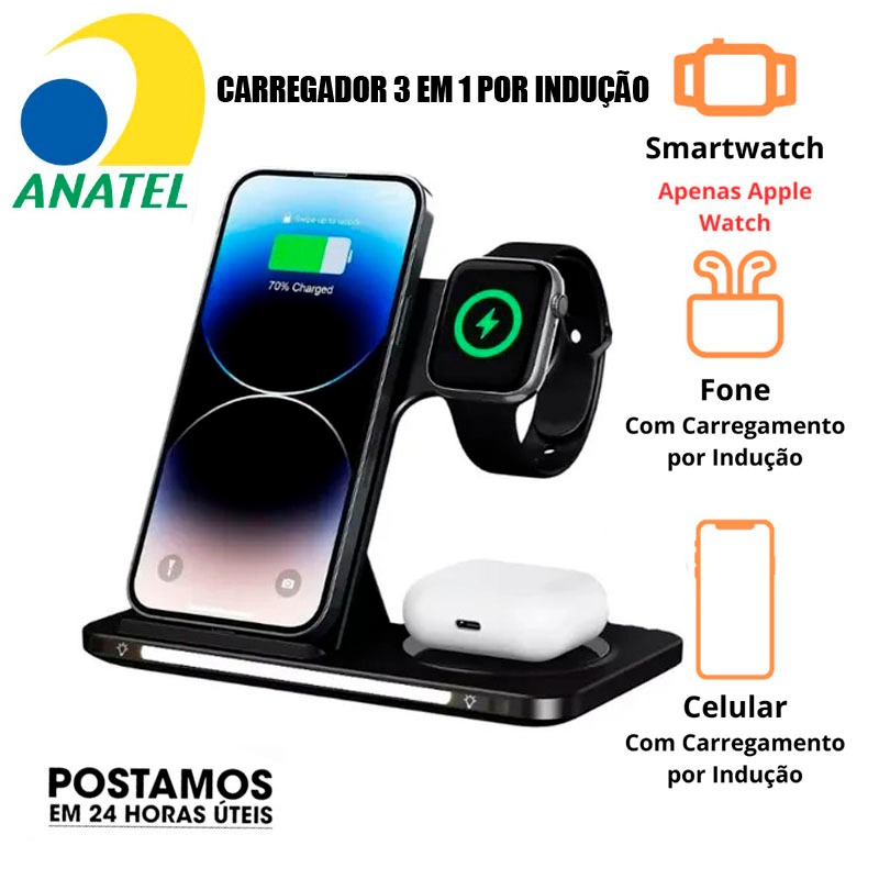Suporte Carregador Indução Kaidi KNC-9097 Sem Fio 3 Em 1 Dock Station P/ Celular Smartwatch e Fone