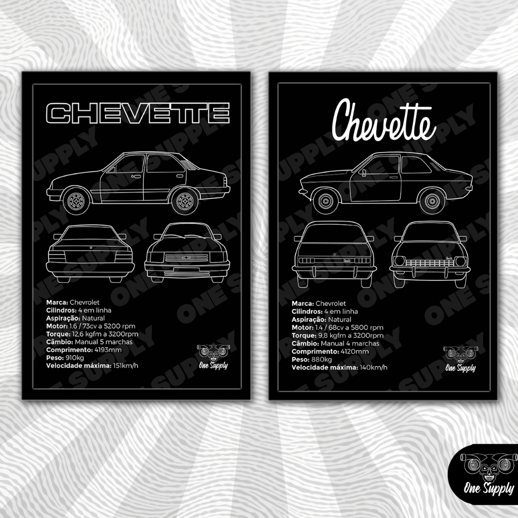 Quadro Decorativo Carro Chevrolet Chevette DL Tubarão Tamanho A4 com Moldura e Vidro