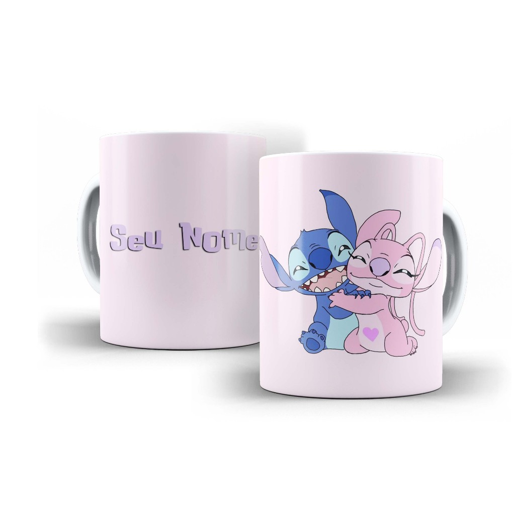 Caneca + Botton -  Stitch & Angel PERSONALIZADA C/ NOME (1 unidade)