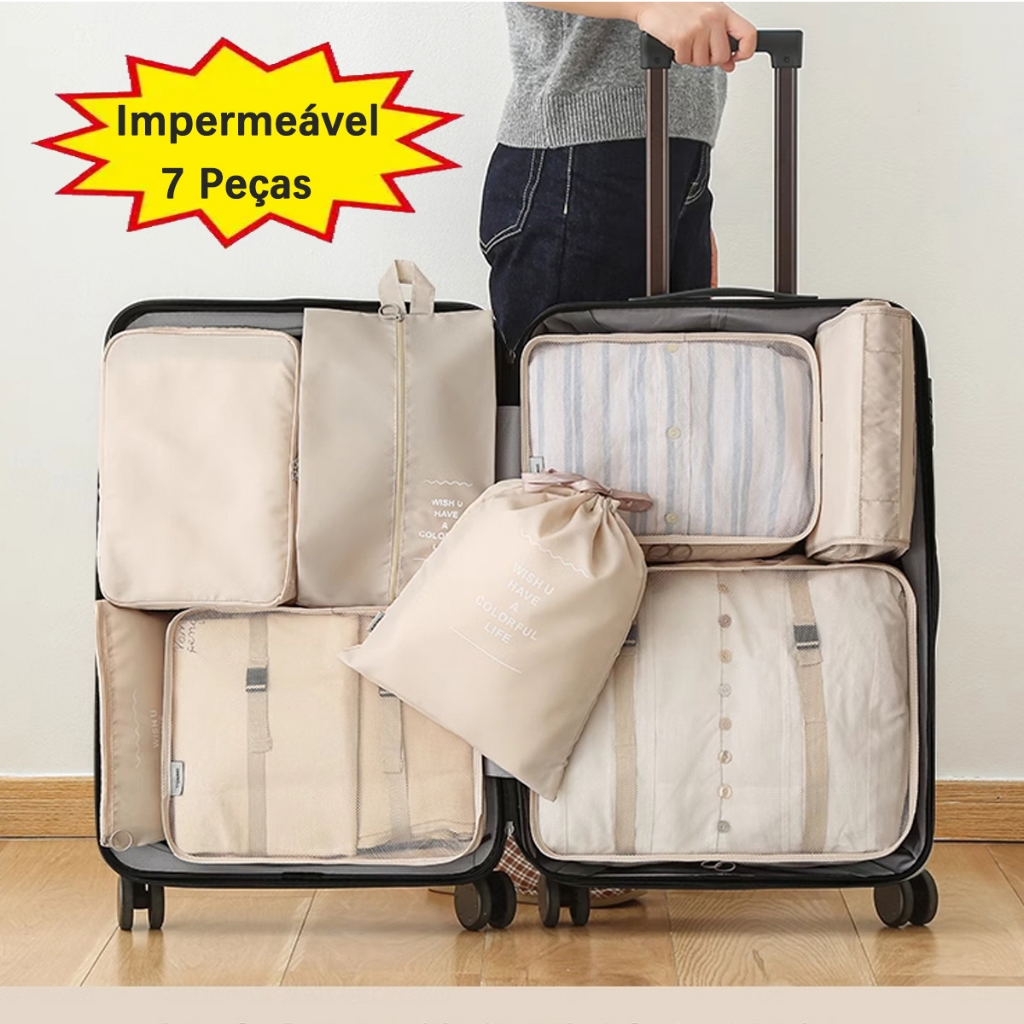 Kit Organizador De Viagem 7 Peças Bolsas Para Roupas Sapatos Cosméticos Mala Bagagem