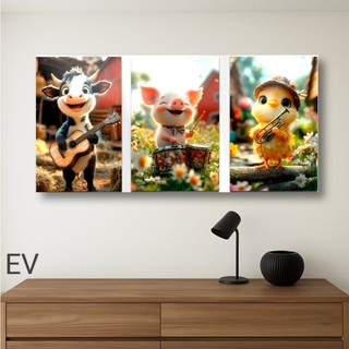 Quadro decorativo 3 pecas, animais na fazendinha (vaca, porco e galinha )
