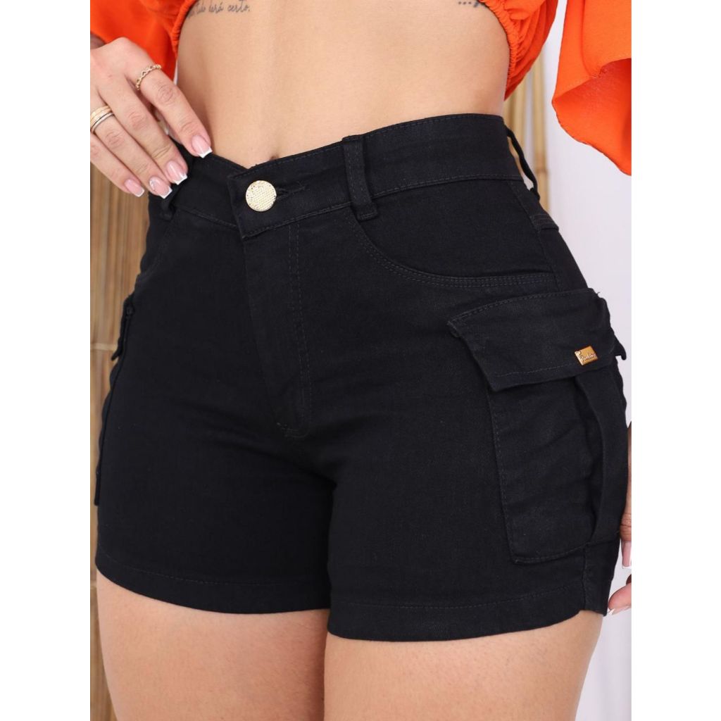 Shorts Cargo Jeans Preto com Lycra e Elastano Cintura Alta em Oferta na Shopee