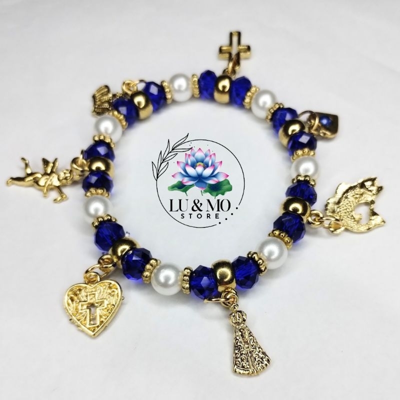 Pulseira de Proteção N. Senhora Aparecida Cristal 8mm Com Pingente