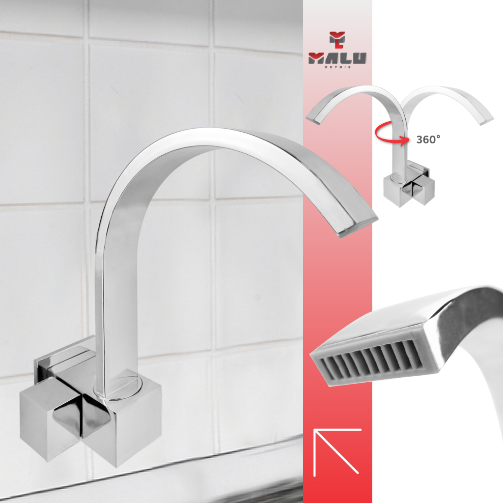 Torneira Cozinha Luxo Quadrit Slim 100% Metal Bica Curva Cascata 360º Base Robusta Parede CR 6007