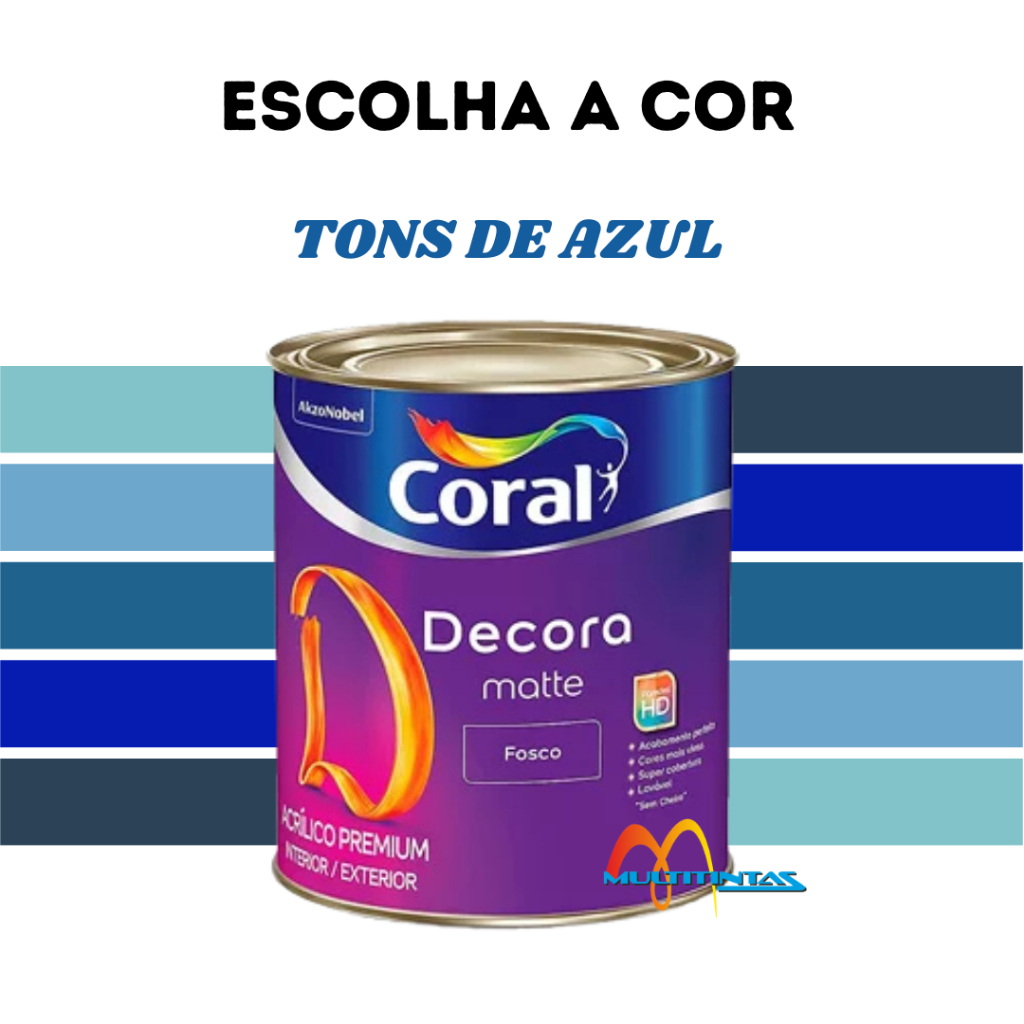 Tinta Parede Fosca Coral Tons de Azul Premium Decora Matte 800ml Cores Azuis Escolha o Tom - Home & Living