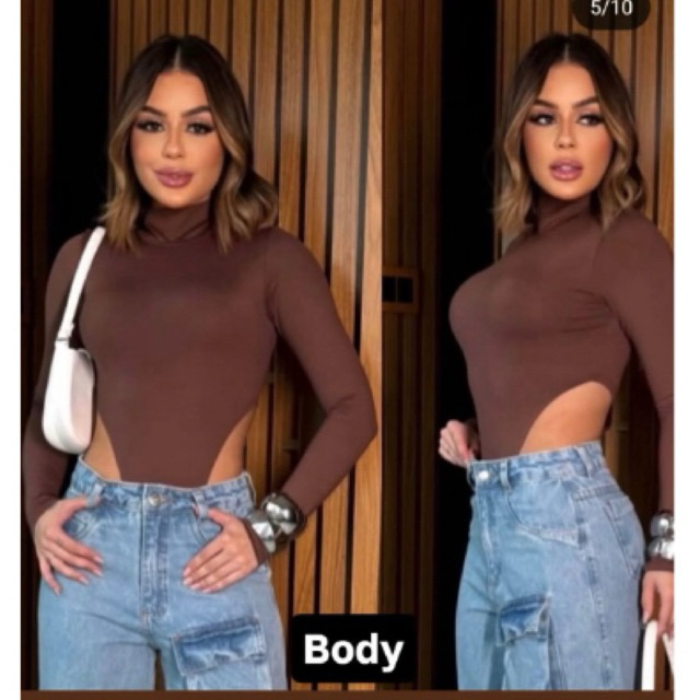 BLUSA CAMISETA BODY BORI BORY GOLA ALTA CACHARREL CAVADO ABERTURA DOS DOIS LADOS MANGA LONGA GOLINHA GRINGA MODA