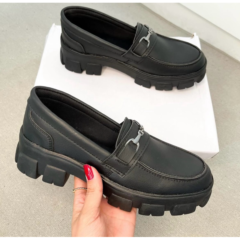 Mocassim Feminino Tratorado Sapato Oxford Plataforma Blogueira Tendencia Preto