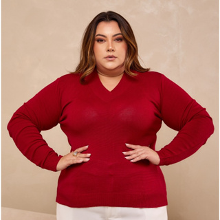 Blusa Feminina Decote V Básica Tricô Elastano Inverno Manga Longa Tamanho GG em Oferta na Shopee