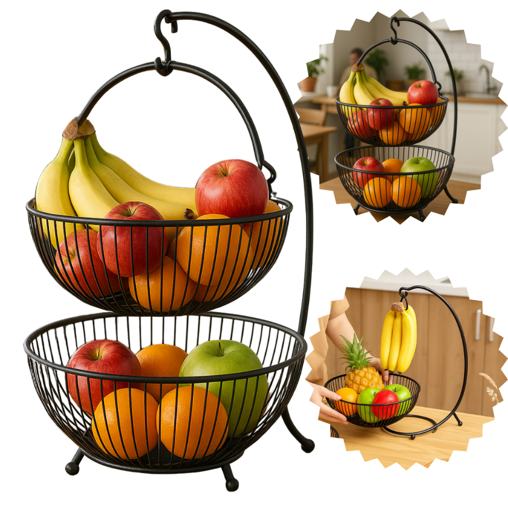 Fruteira De Mesa Bancada Balcão 2 Cesto Dupla C/ Gancho em Oferta na Shopee