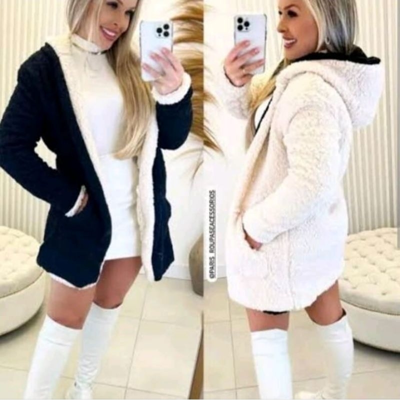 CASACO FEMININO REVERSÍVEL TEDDY DUPLA FACE  COM BOLSO E CAPUZ em Oferta na Shopee