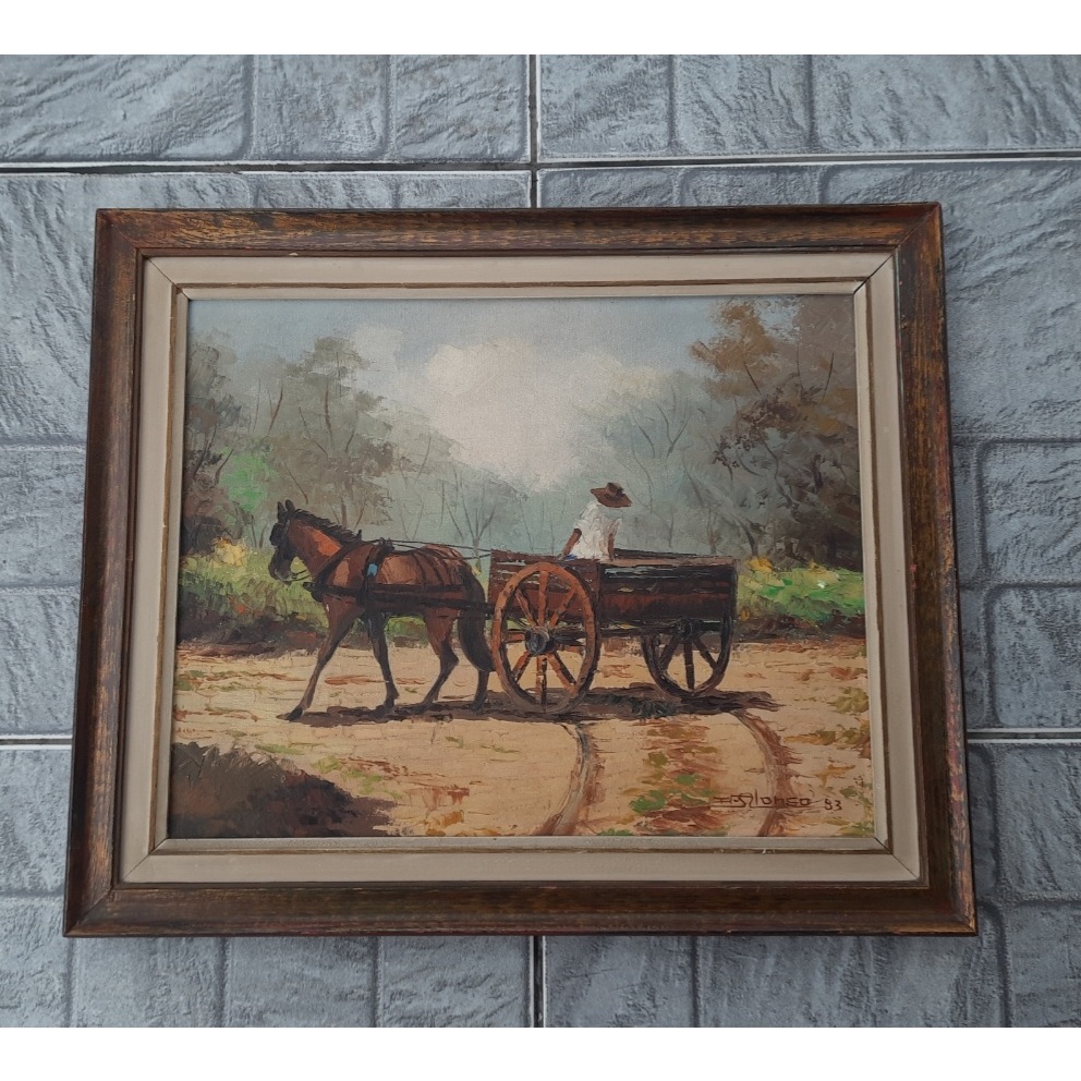 Quadro antigo óleo sobre tela 51cm x 61cm representando cena campestre com cavalo e charrete