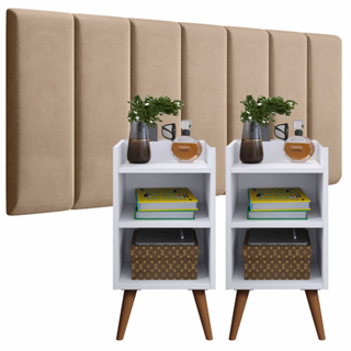 Conjunto Quarto: 2 Mesas de Cabeceira com Nicho e Prateleira + Cabeceira Adesiva p/ Cama  Box 0,90 até 1,95m em Oferta na Shopee