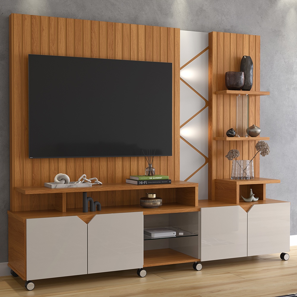Rack Home Estante 2,10m para TV até 55 Polegadas Frisado Cross Lukaliam Móveis Sala Luxo