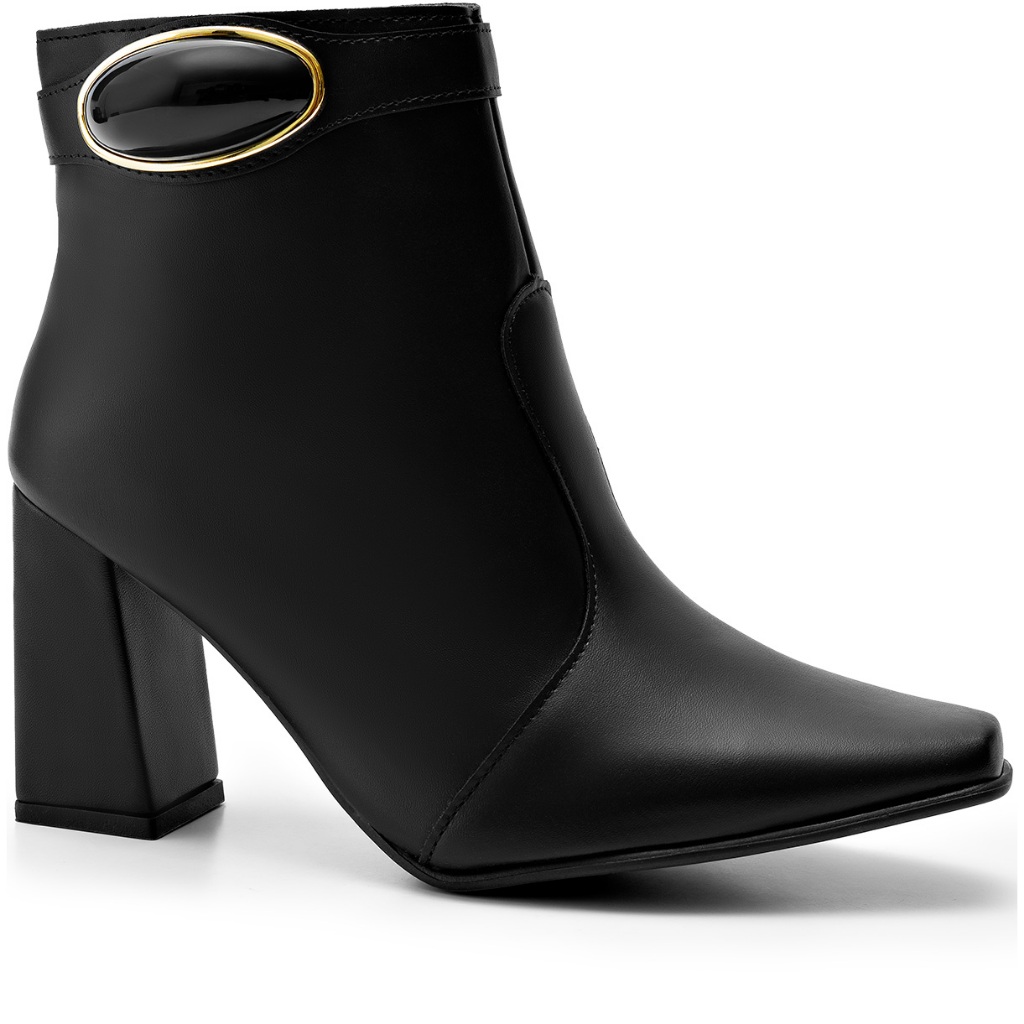 Bota Feminina Lumiss Cano Curto Salto Alto Bloco Enfeite Metalizado em Oferta na Shopee