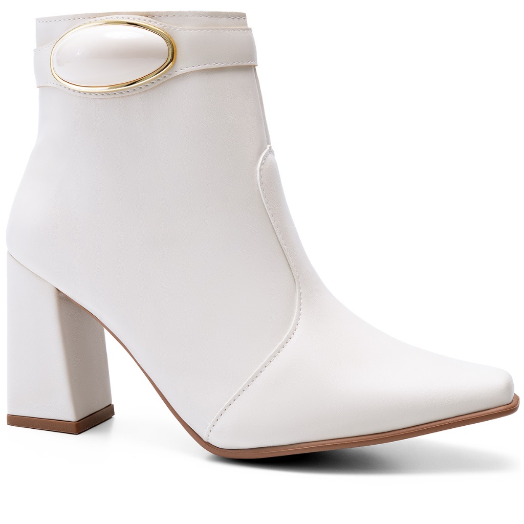Bota Feminina Lumiss Salto Alto Grosso Cano Baixo Enfeite Metalizado Off White em Oferta na Shopee