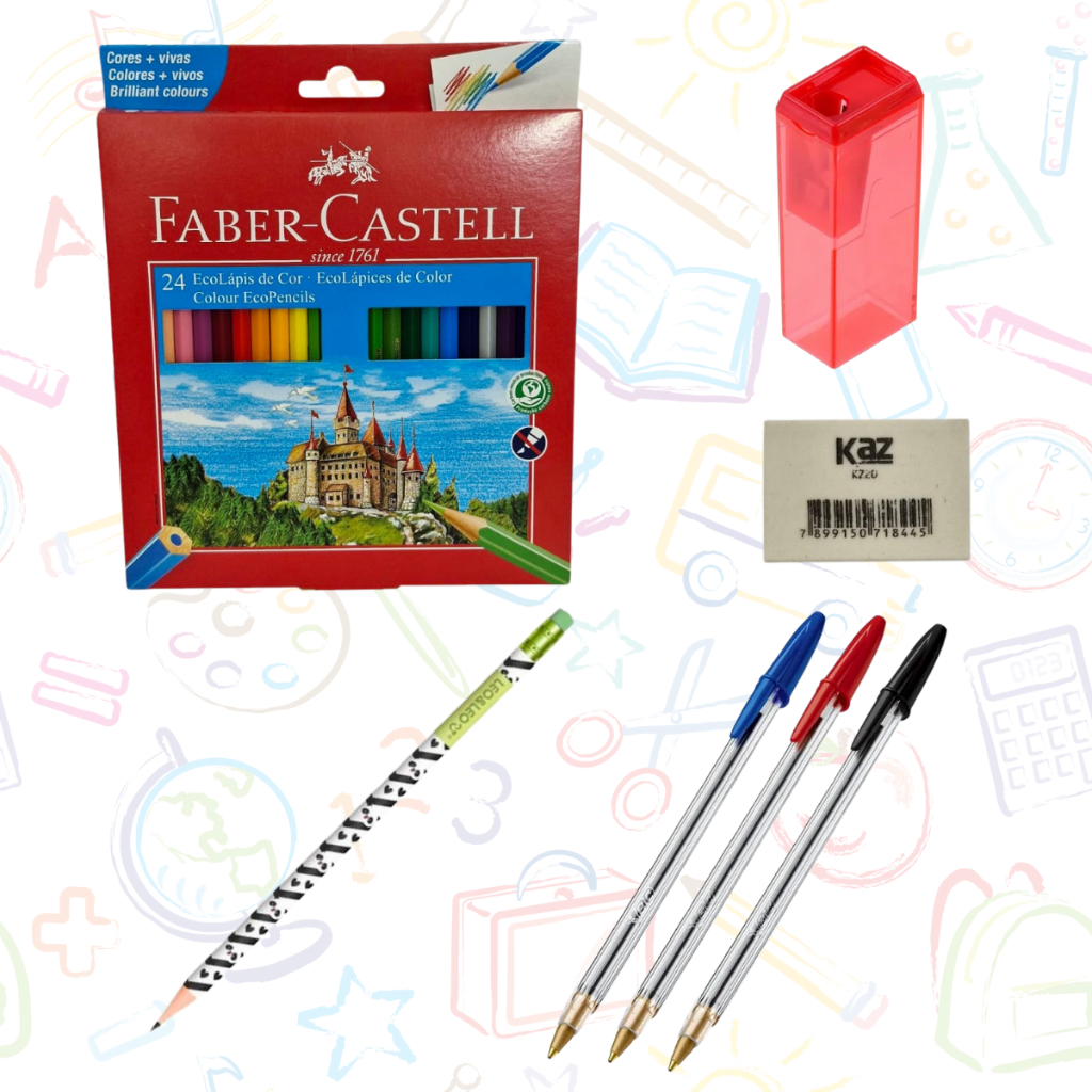 Lápis de Cor 24 Cores Faber Castell + 3 Canetas Bic + Borracha + Apontador + Lápis Grafite Temático