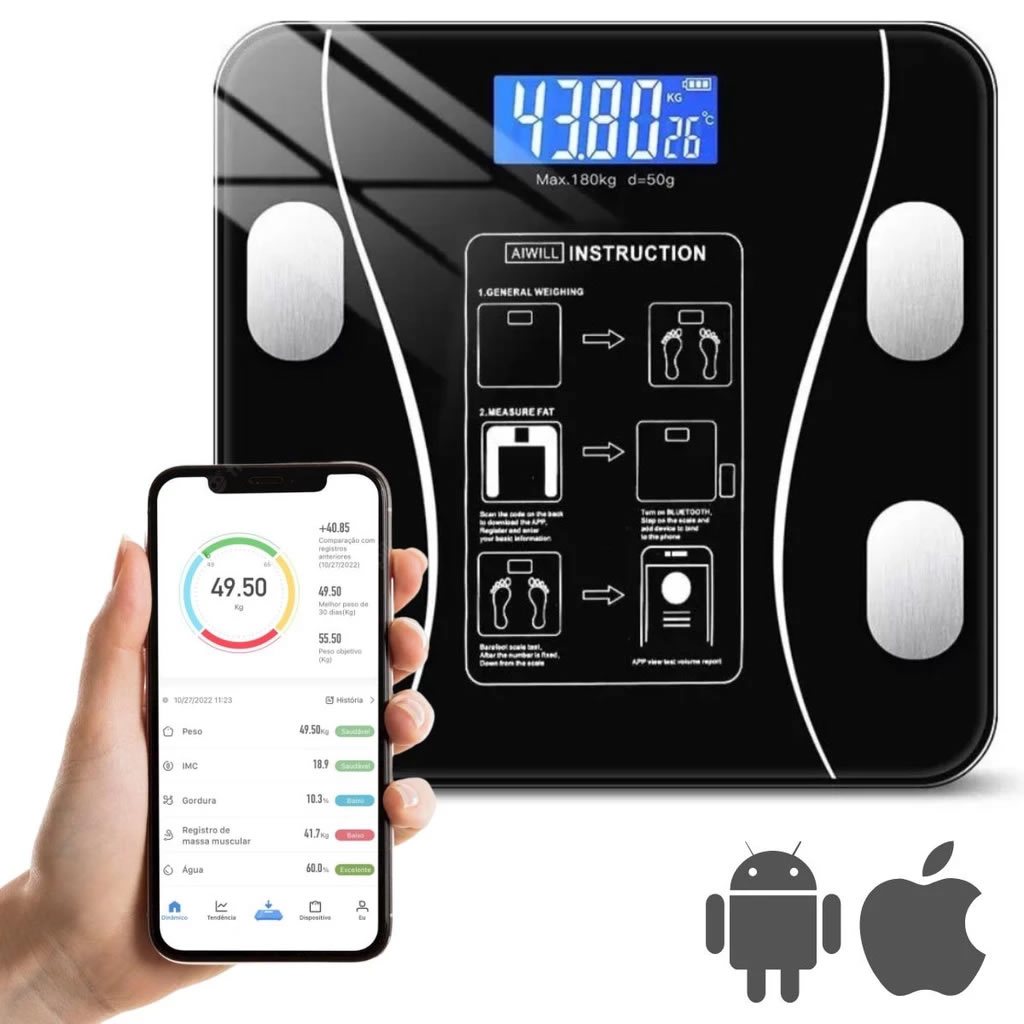 Balança Digital Medidora Corporal Bioimpedância Profissional APP Bluetooth Digital