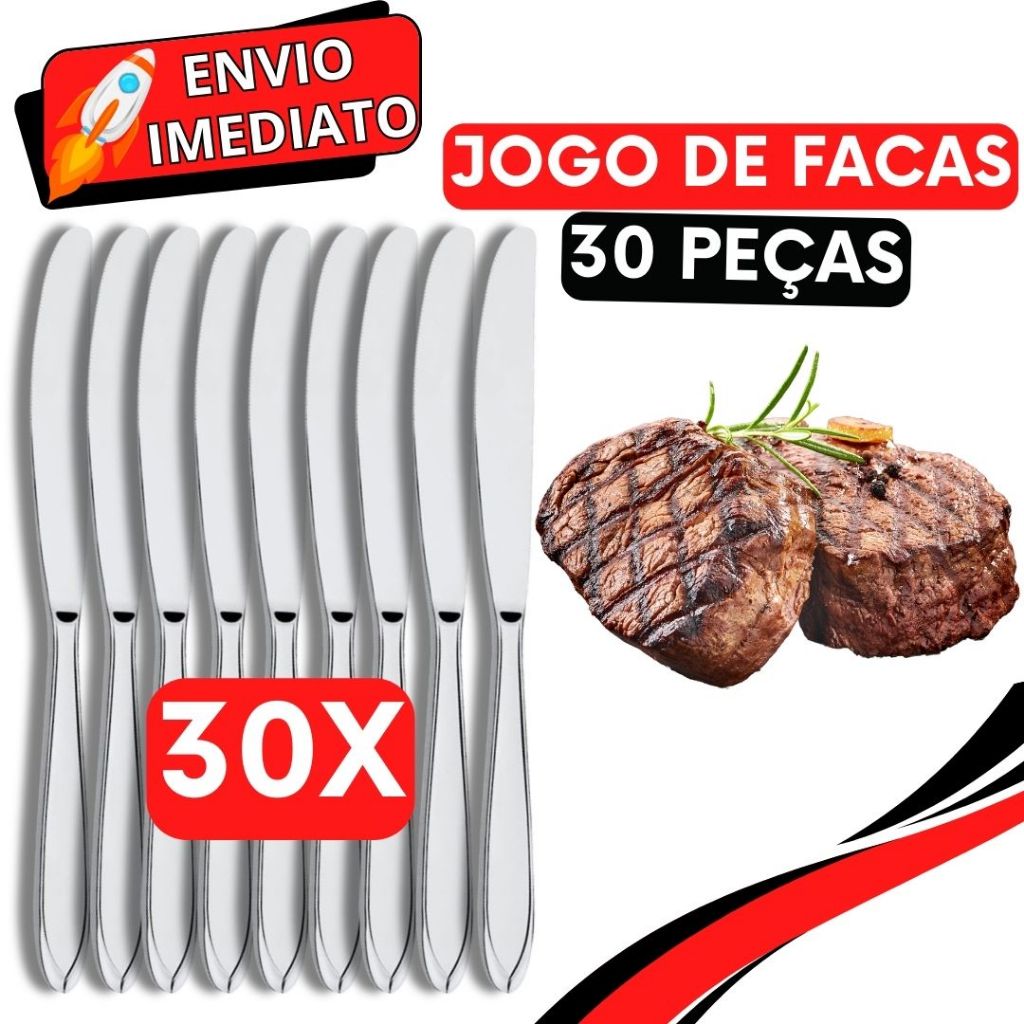 Jogo de Talher 30 Peças Faca de Mesa Inox Premium GRANDE para Casa Cozinha Restaurante Bar Buffet Super Resistente