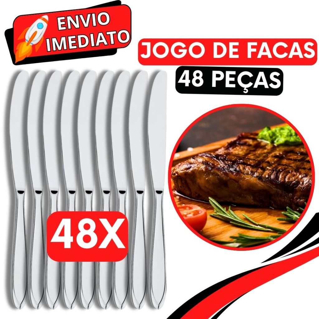 Jogo de Talher 48 Peças Faca de Mesa Inox Premium GRANDE para Casa Cozinha Restaurante Bar Buffet Super Resistente