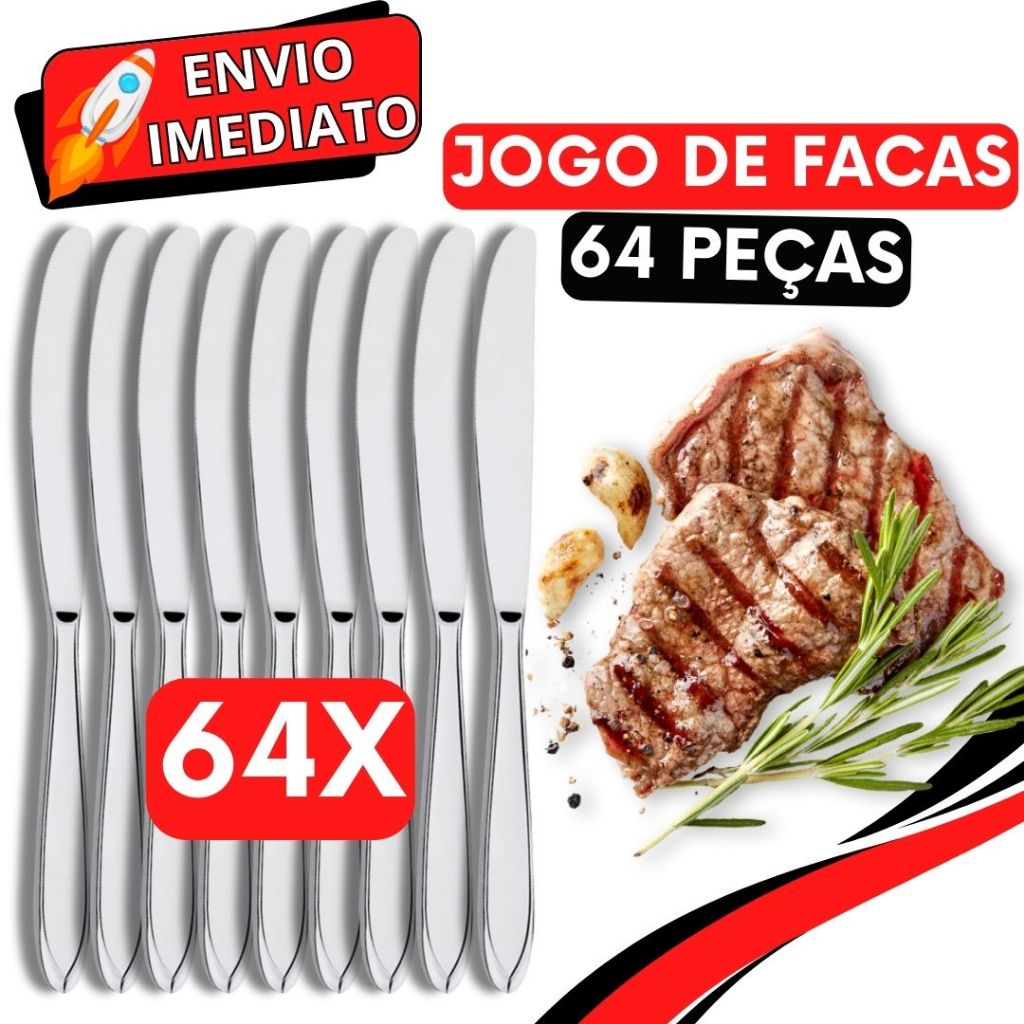 Jogo de Talher 64 Peças Faca de Mesa Inox Premium GRANDE para Casa Cozinha Restaurante Bar Buffet Super Resistente